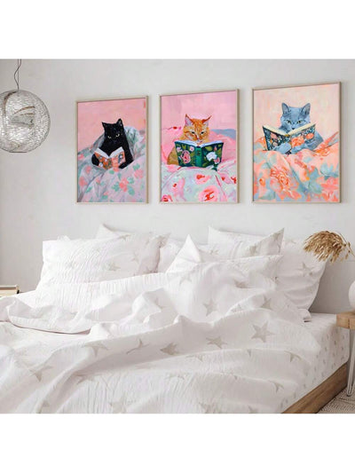 Whimsical Wisdom: 3-Piece Cute Cat Reading Art Poster Set for Trendy Home Decor