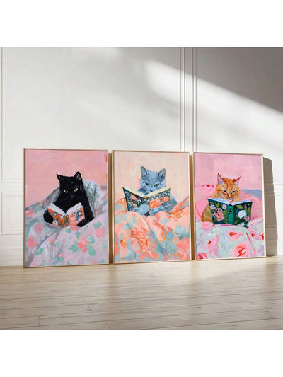 Whimsical Wisdom: 3-Piece Cute Cat Reading Art Poster Set for Trendy Home Decor