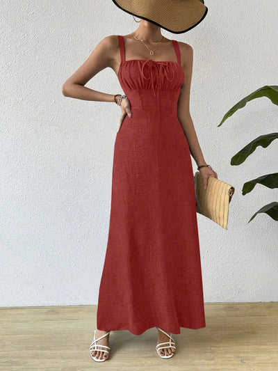 Chic Summer Essential: Solid Color Square Neck Waist-Cinched Dress