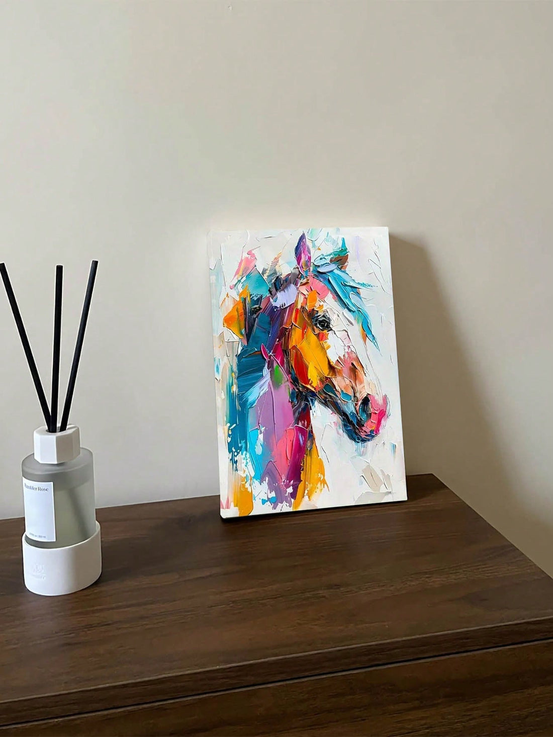 Spruce up your space with this vibrant abstract horse portrait canvas art. With colorful brushstrokes, this piece will add energy and life to any room. (Note: No frame included.)
