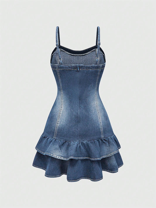 Charming Kawaii Denim Dress with Spaghetti Straps and Ruffle Hem