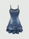 Charming Kawaii Denim Dress with Spaghetti Straps and Ruffle Hem