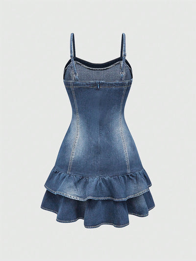 Charming Kawaii Denim Dress with Spaghetti Straps and Ruffle Hem