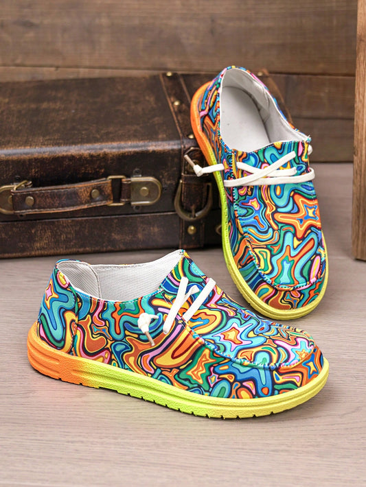 Colorful Comfort: Women's Rainbow Lace-Up Flat Casual Shoes for Halloween Parties