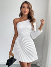 Chic Asymmetric Neck Pleated Mini Dress - Perfect for Autumn Elegance