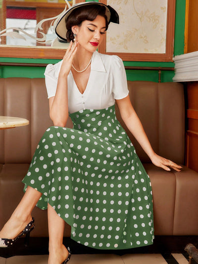 Chic Vintage Polka Dot Swing Dress - Elegant Black & White V-Neck Collared Style for Effortless Summer Sophistication