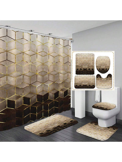 Elegant Marble Triangle Shower Curtain Set with Non-Slip Rug and Toilet Lid Cover