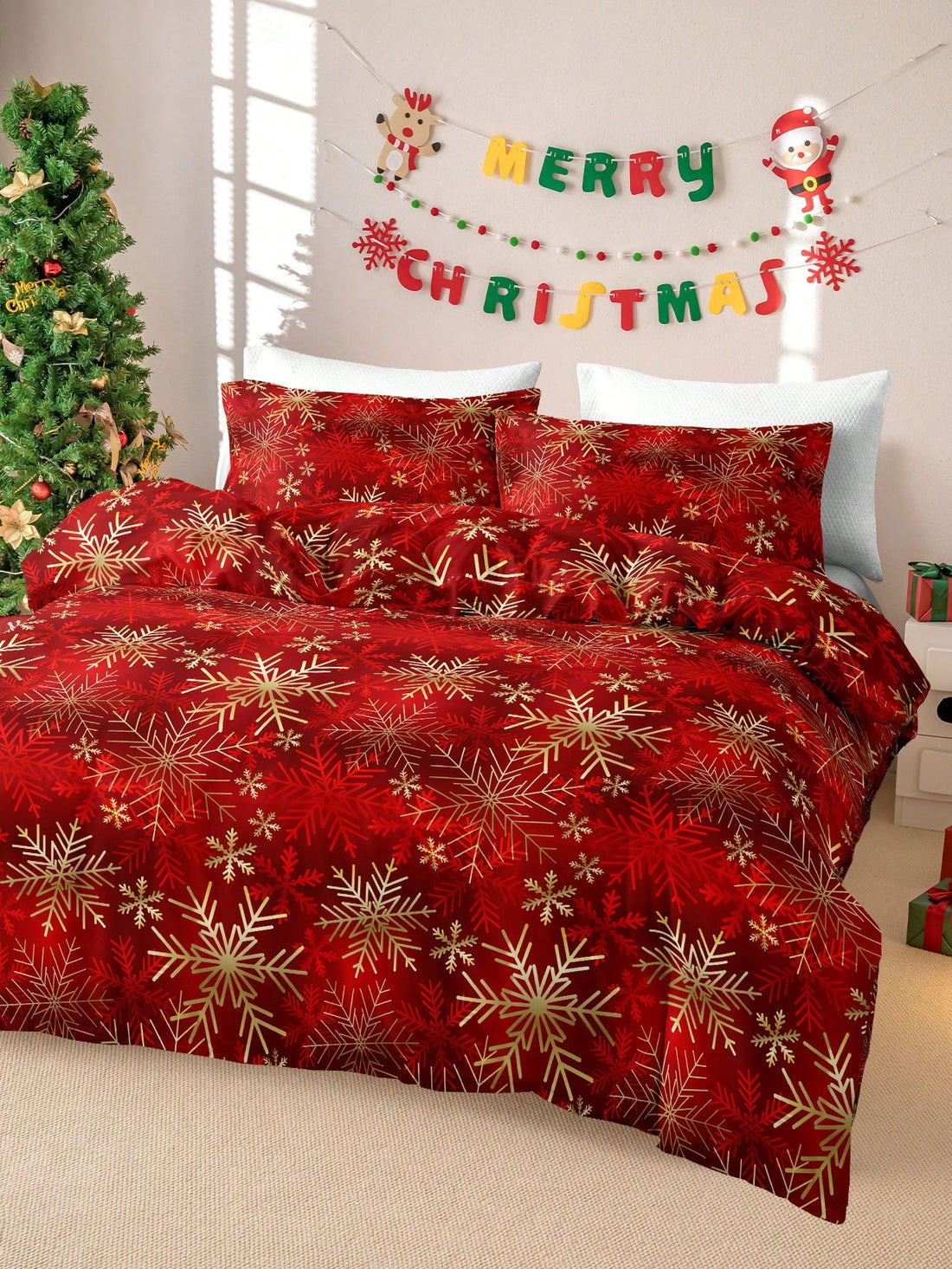 Add a touch of holiday cheer to your bedroom with our Festive Holiday Cheer duvet cover set. Made of high-quality polyester, this 3-piece set features a festive Christmas print that will make your bed the center of attention. Transform your room into a winter wonderland with this cozy and stylish duvet cover set.