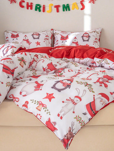 Festive Holiday Cheer: 3-Piece Christmas Polyester Printed Duvet Cover Set