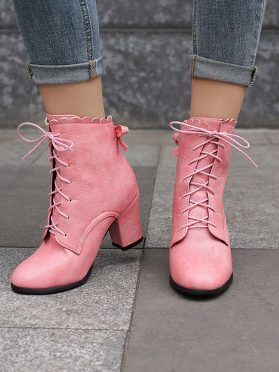 Step Out in Style with Pink Bowknot Pointed Toe High Heel Ankle Boots