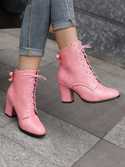 Step Out in Style with Pink Bowknot Pointed Toe High Heel Ankle Boots