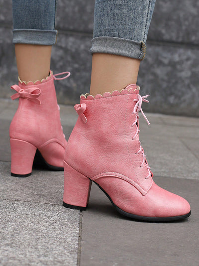 Step Out in Style with Pink Bowknot Pointed Toe High Heel Ankle Boots