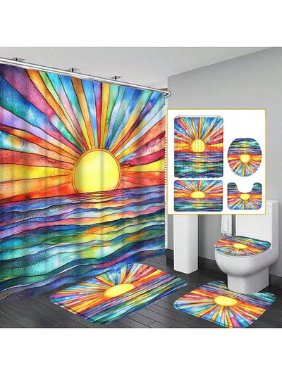 Sun and Ocean Modern Art Bathroom Shower Curtain Set with Accessories