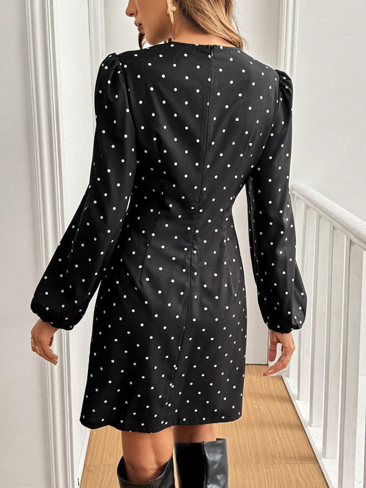 Chic Frenchy Polka Dot Bow Dress: Elegant Fall Style with Lantern Sleeves