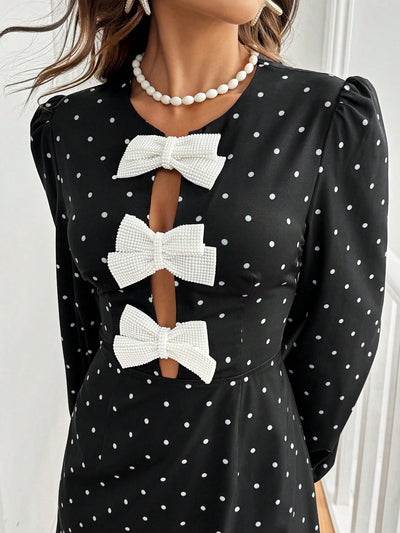 Chic Frenchy Polka Dot Bow Dress: Elegant Fall Style with Lantern Sleeves