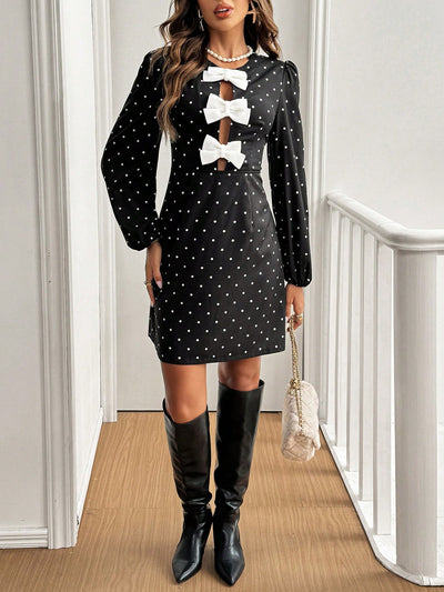 Chic Frenchy Polka Dot Bow Dress: Elegant Fall Style with Lantern Sleeves