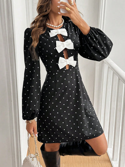 Chic Frenchy Polka Dot Bow Dress: Elegant Fall Style with Lantern Sleeves