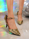 Elegant Gold Satin Bow Pointed Toe High Heel Ankle Strap Shoes for Women