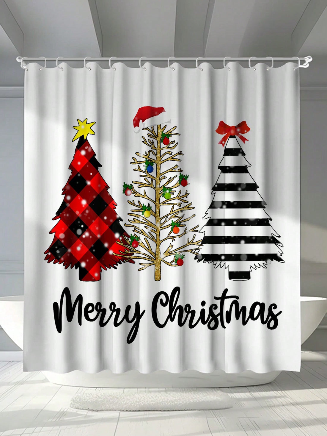 Welcome the holiday season with Festive Holiday Cheer! This waterproof shower curtain features a delightful Christmas tree design, adding a touch of charm to your bathroom decor. The included hooks make installation a breeze. Get in the holiday spirit while keeping your bathroom clean and dry.