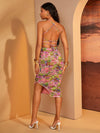 Exotic Elegance: Tropical Print Ruched Backless Cami Dress