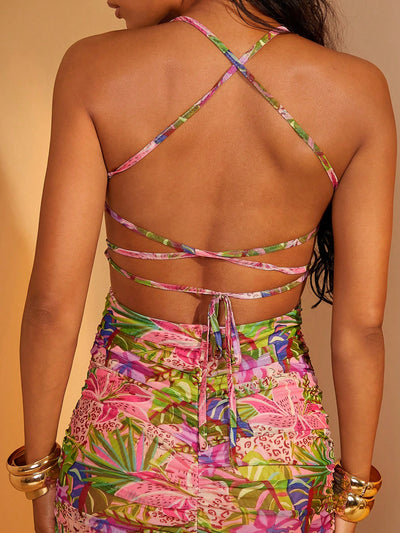 Exotic Elegance: Tropical Print Ruched Backless Cami Dress