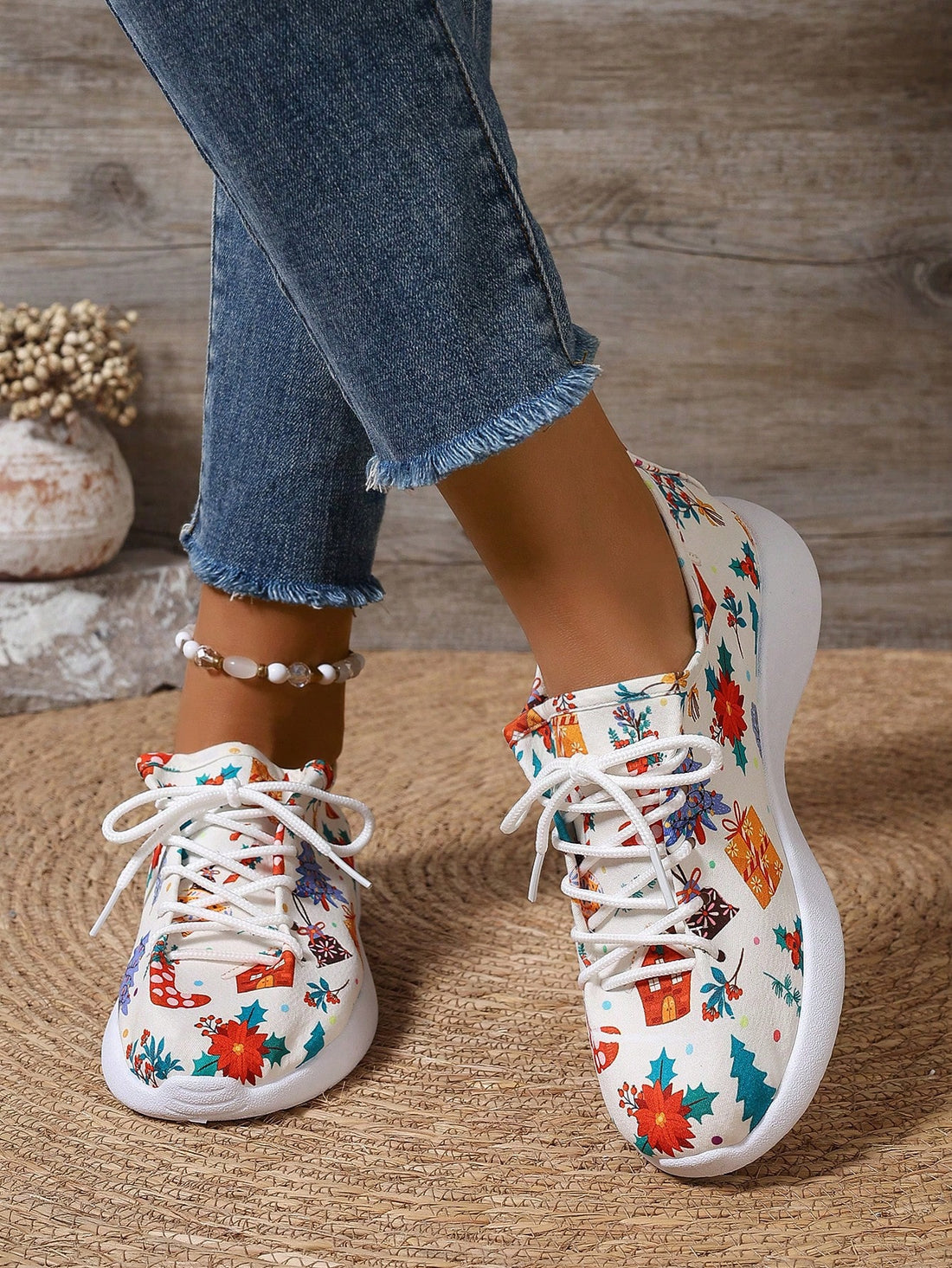 Stay on-trend with Trendy Country Vibes: New Floral Print Thick Sole Canvas Sneakers. The eye-catching floral print pairs perfectly with the thick sole for a fashion-forward look. These sneakers are perfect for adding a touch of country charm to your wardrobe while keeping you comfortable all day long.