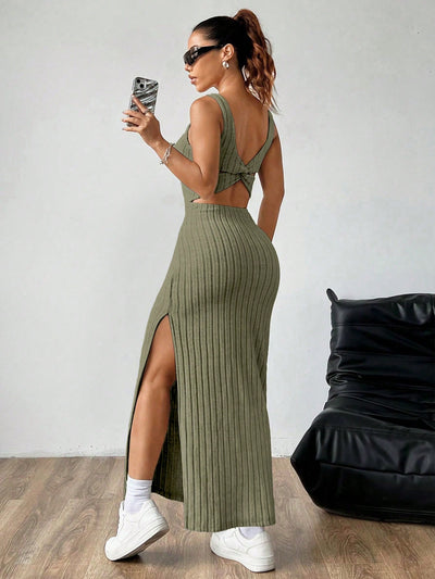 Chic and Elegant Solid Color Backless Split-Thigh Sleeveless Dress