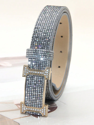 Stylish Rhinestone-Embellished PU Leather Belt with Smooth Buckle – Perfect for Any Occasion