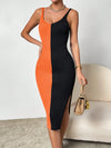 Chic and Sleek: Color Block Side Slit Bodycon Sweater Dress with Spaghetti Strap