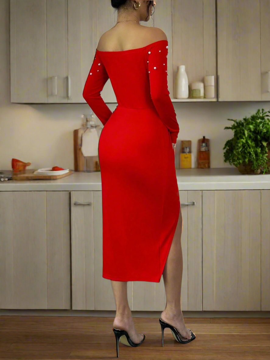 Upgrade your wardrobe with our Pearl Perfection bodycon dress. Featuring a stylish open shoulder design, this dress is effortlessly elegant. Made with high quality materials, it offers both comfort and style. Perfect for any occasion, make a statement with this timeless piece.