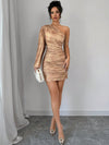 Elegant Gold One-Shoulder Lantern Sleeve Mini Dress - Perfect for Parties and Fall Events!