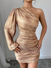 Elegant Gold One-Shoulder Lantern Sleeve Mini Dress - Perfect for Parties and Fall Events!