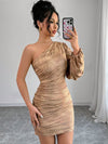 Elegant Gold One-Shoulder Lantern Sleeve Mini Dress - Perfect for Parties and Fall Events!