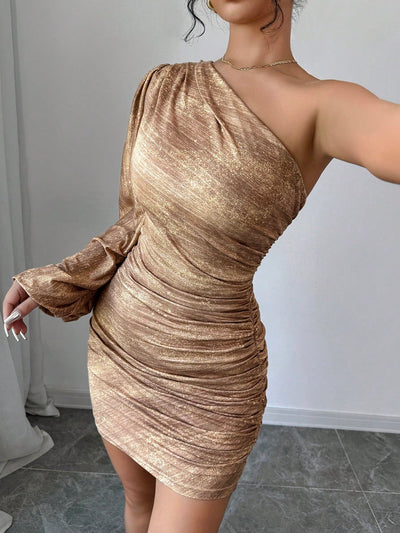 Elegant Gold One-Shoulder Lantern Sleeve Mini Dress - Perfect for Parties and Fall Events!