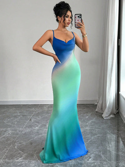 Elegant Ombre Draped Collar Mermaid Hem Cami Dress