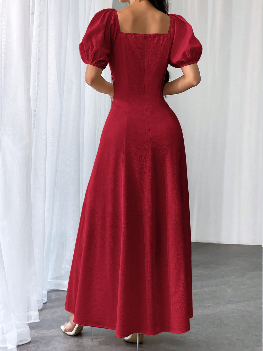 This elegant summer dress features a square neckline and bishop sleeves, creating a timeless and sophisticated look. Made for women, this dress is perfect for any occasion. The solid color allows for versatile styling options. Elevate your wardrobe with this dress for a chic and stylish summer.