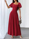 Elegant Summer Solid Square Neck Bishop Sleeve Dress for Women