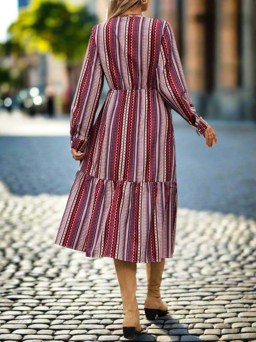 This Women's Elegant Striped V-Neck Maxi Dress is the perfect addition to your wardrobe for spring, summer, and autumn. With its stylish design and comfortable fit, this dress is both practical and fashionable. The versatile v-neck and elegant stripes make it suitable for any occasion.