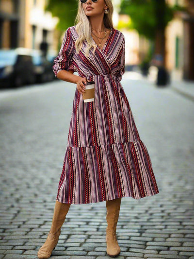 Women's Elegant Striped V-Neck Maxi Dress: Perfect for Spring, Summer, and Autumn