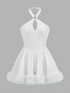 Elegant Y2K-Inspired White Dress with Furry Patchwork and Decorative Details