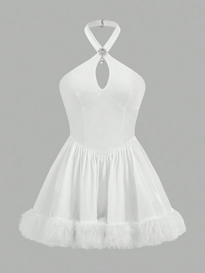 Elegant Y2K-Inspired White Dress with Furry Patchwork and Decorative Details