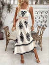 Patchwork Printed Holiday Dress with Woven Belt and Hollow Out Sleeveless Design