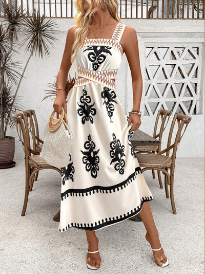 Patchwork Printed Holiday Dress with Woven Belt and Hollow Out Sleeveless Design