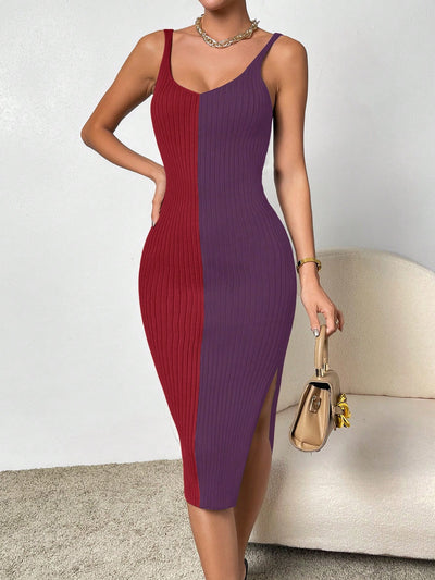 Chic and Sleek: Color Block Side Slit Bodycon Sweater Dress with Spaghetti Strap