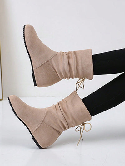 Chic Mid-Calf Bow Decor Boots: Pleated Lace-Up Design with Thick Sole