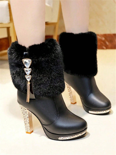 Chic Rhinestone-Trimmed Mid-Calf Boots with Fur Accents – Perfect for Autumn & Winter!