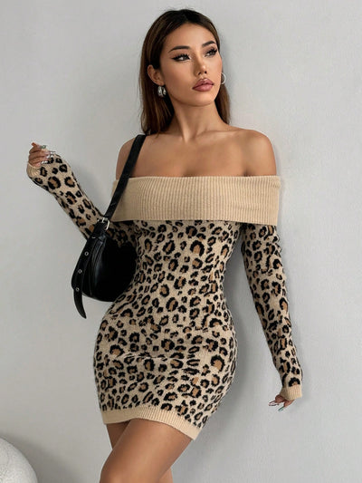 Chic and Sassy: Off-Shoulder Leopard Print Sweater Dress