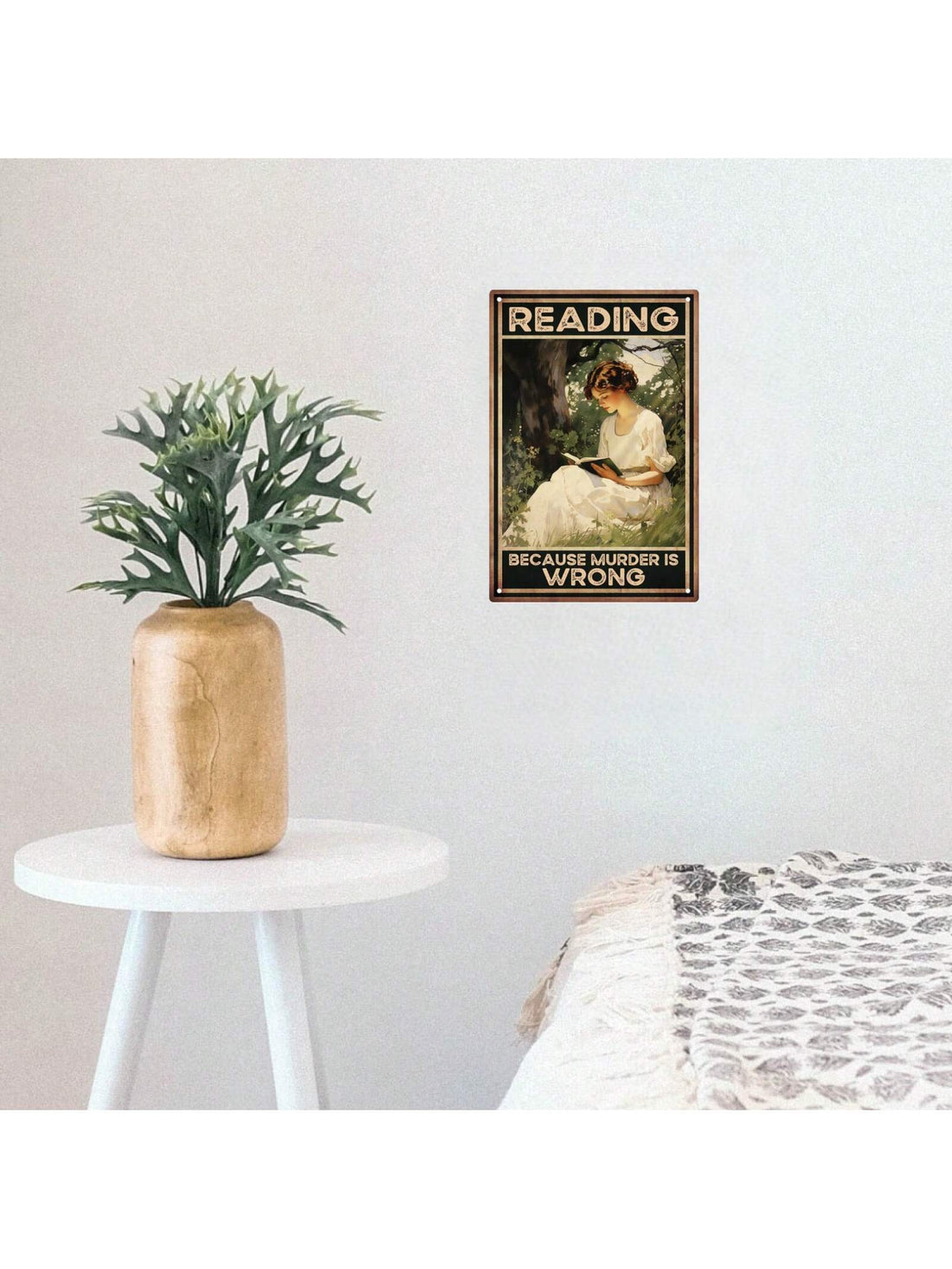 Indulge your love for books with this vintage metal tin sign, featuring the playful phrase 'Reading Because It's Wrong'. Add a touch of whimsy to any room and proudly display your bookworm status. Perfect for book lovers seeking unique wall art.