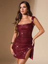 Radiant Elegance: Sequined Draped Neckline Dress with Bow Back and Slit