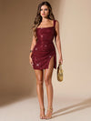 Radiant Elegance: Sequined Draped Neckline Dress with Bow Back and Slit